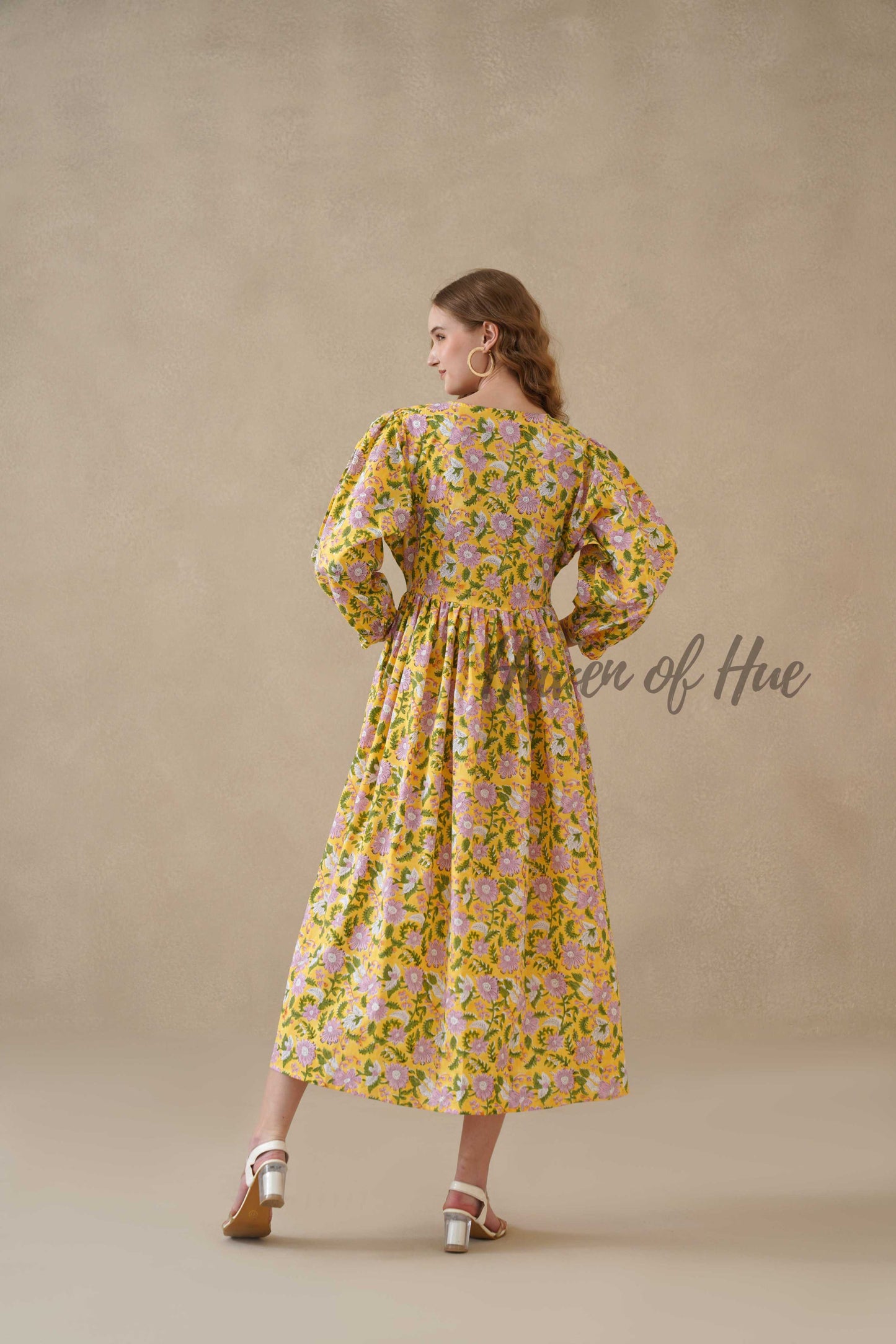 Yellow Cotton Tiered Dress Boho Floral Midi Style