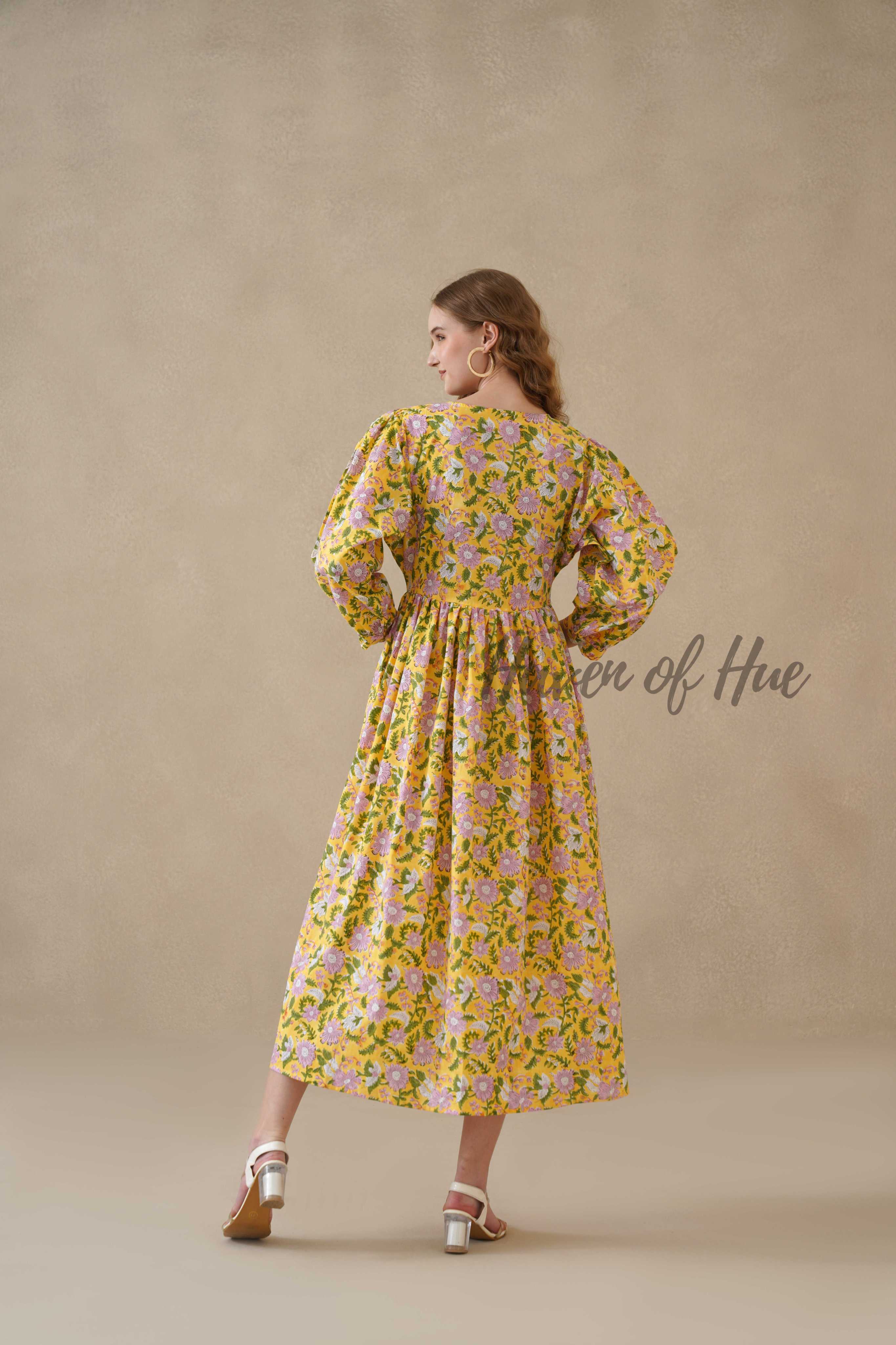 Yellow Cotton Tiered Dress Boho Floral Midi Style