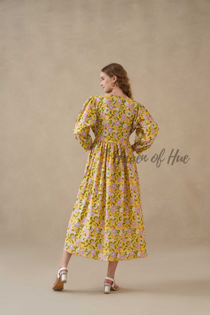 Yellow Cotton Tiered Dress Boho Floral Midi Style