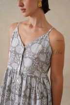 Women Cotton Tunic Top - Hand Block Print Cami Dress - Grey Floral Boho Tunic - Artisan Sleeveless Relaxed Fit Summer Dress