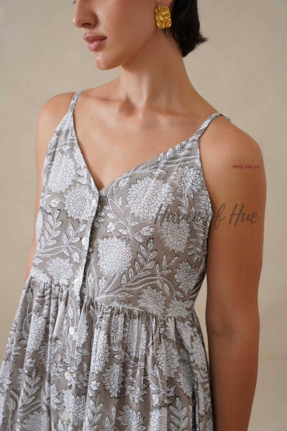 Women Cotton Tunic Top - Hand Block Print Cami Dress - Grey Floral Boho Tunic - Artisan Sleeveless Relaxed Fit Summer Dress