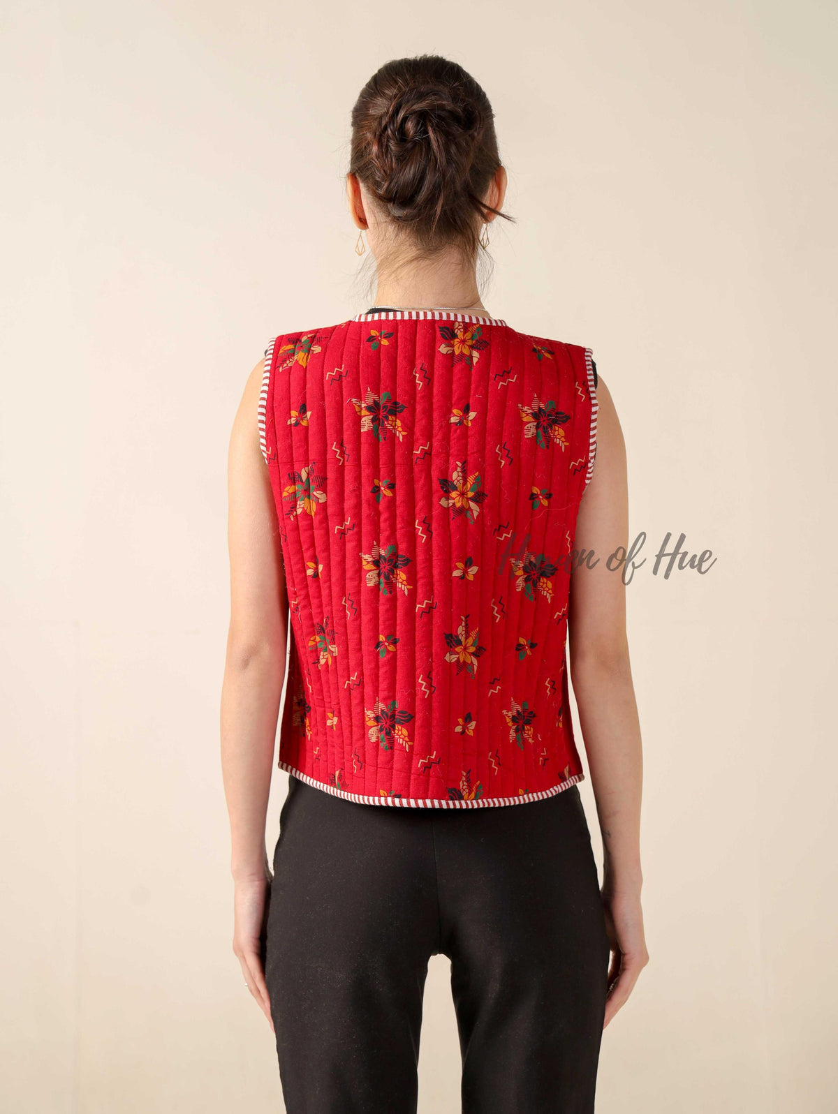 Hand Block Printed Quilted Cotton Vest Jacket Reversible Sleeveless Tie-Up Jacket