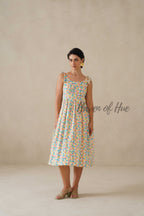 Cotton Midi Dress Summer Colorful Geometric Print Tie-Strap A-Line Casual Sun Dress - Multicolor Pastel