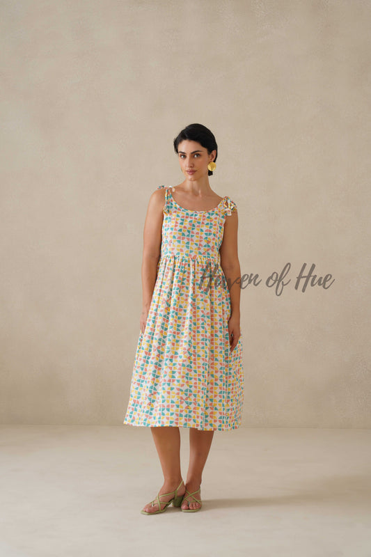 Cotton Midi Dress Summer Colorful Geometric Print Tie-Strap A-Line Casual Sun Dress - Multicolor Pastel