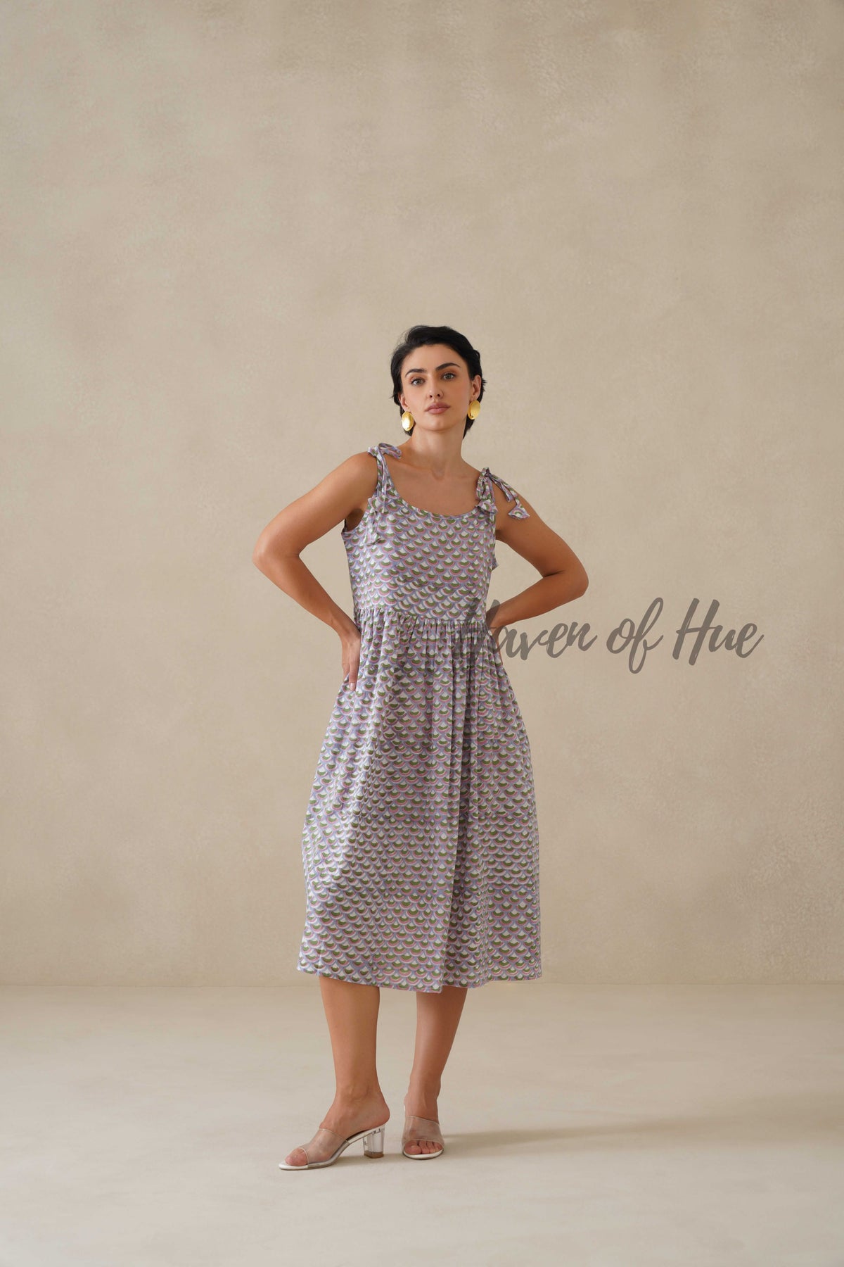 Cotton Midi Dress Summer Floral Print Tie-Strap A-Line Casual Sun Dress - Lavender & Sage Green