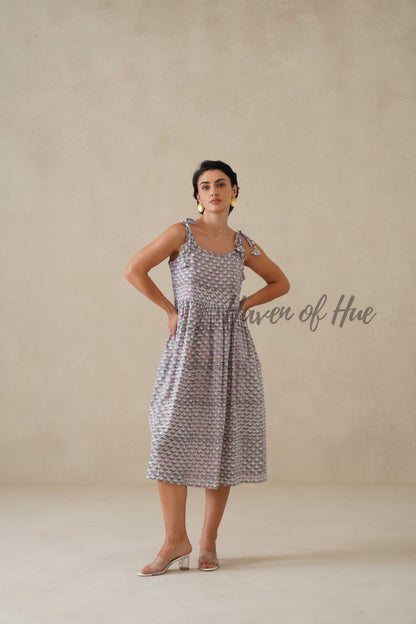 Cotton Midi Dress Summer Floral Print Tie-Strap A-Line Casual Sun Dress - Lavender & Sage Green