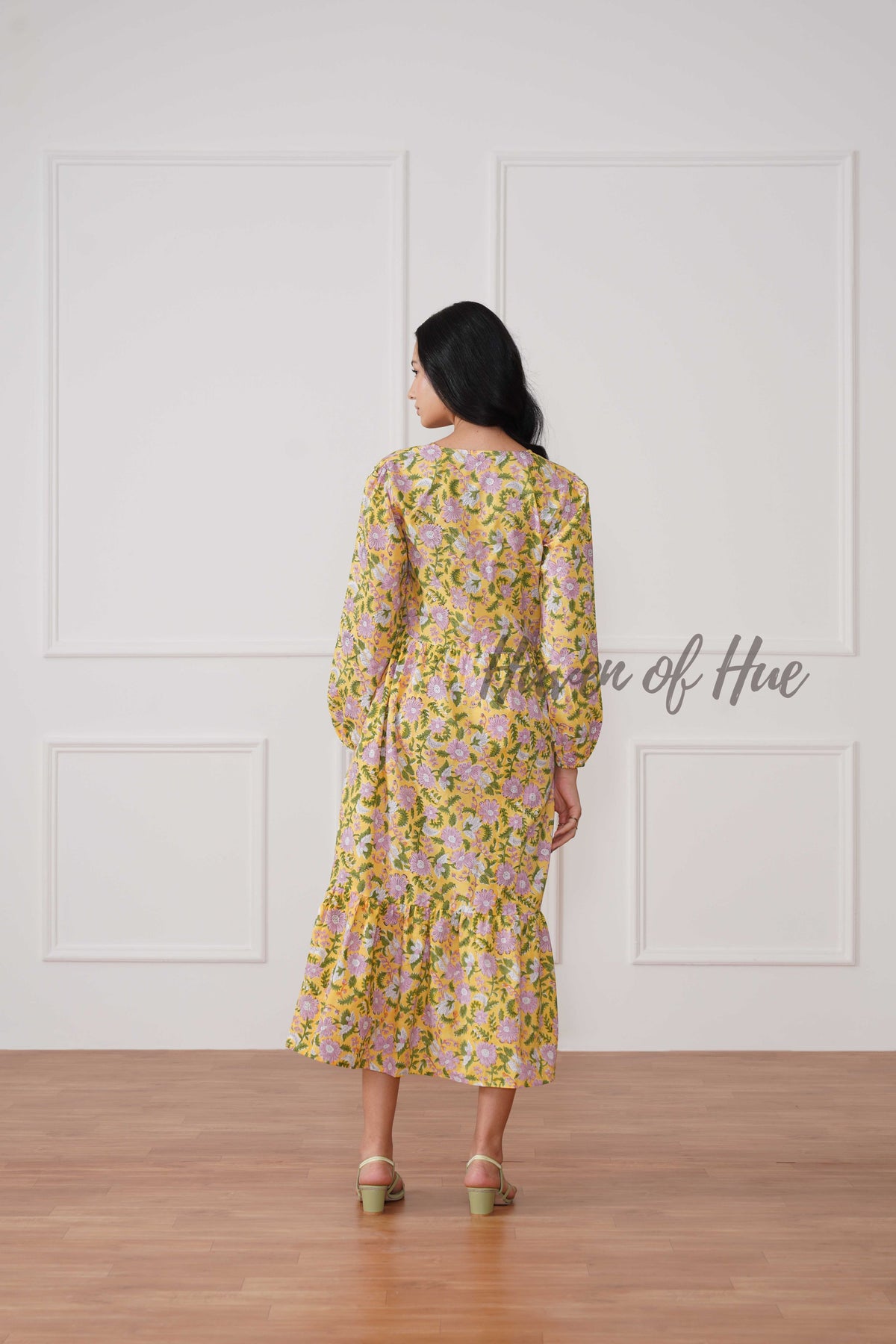 Yellow Floral Cotton Midi Dress - Boho Long Sleeve Cottagecore Dress
