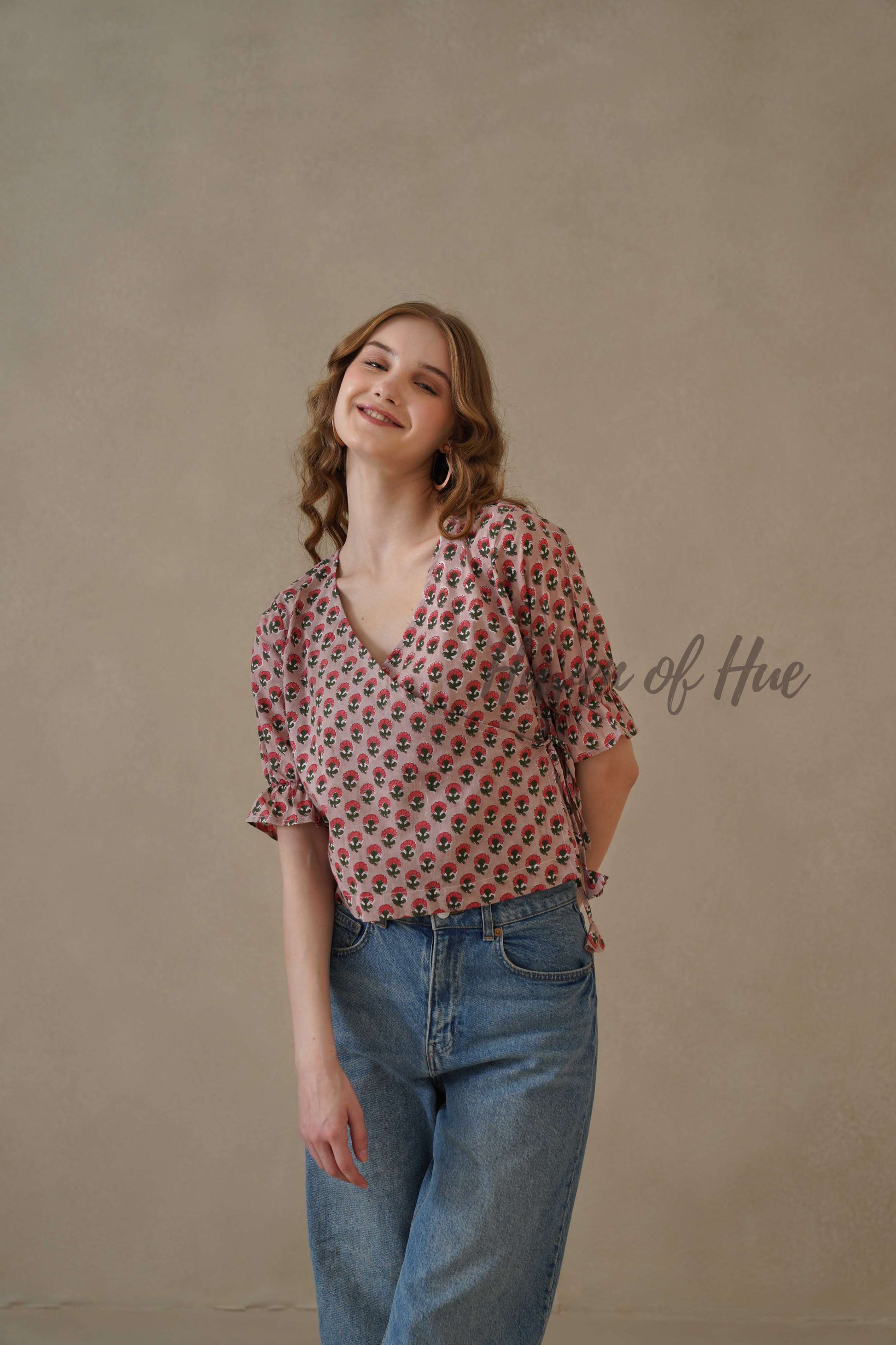 Organic Red Floral Cotton Wrap Top with Adjustable Tie Waist