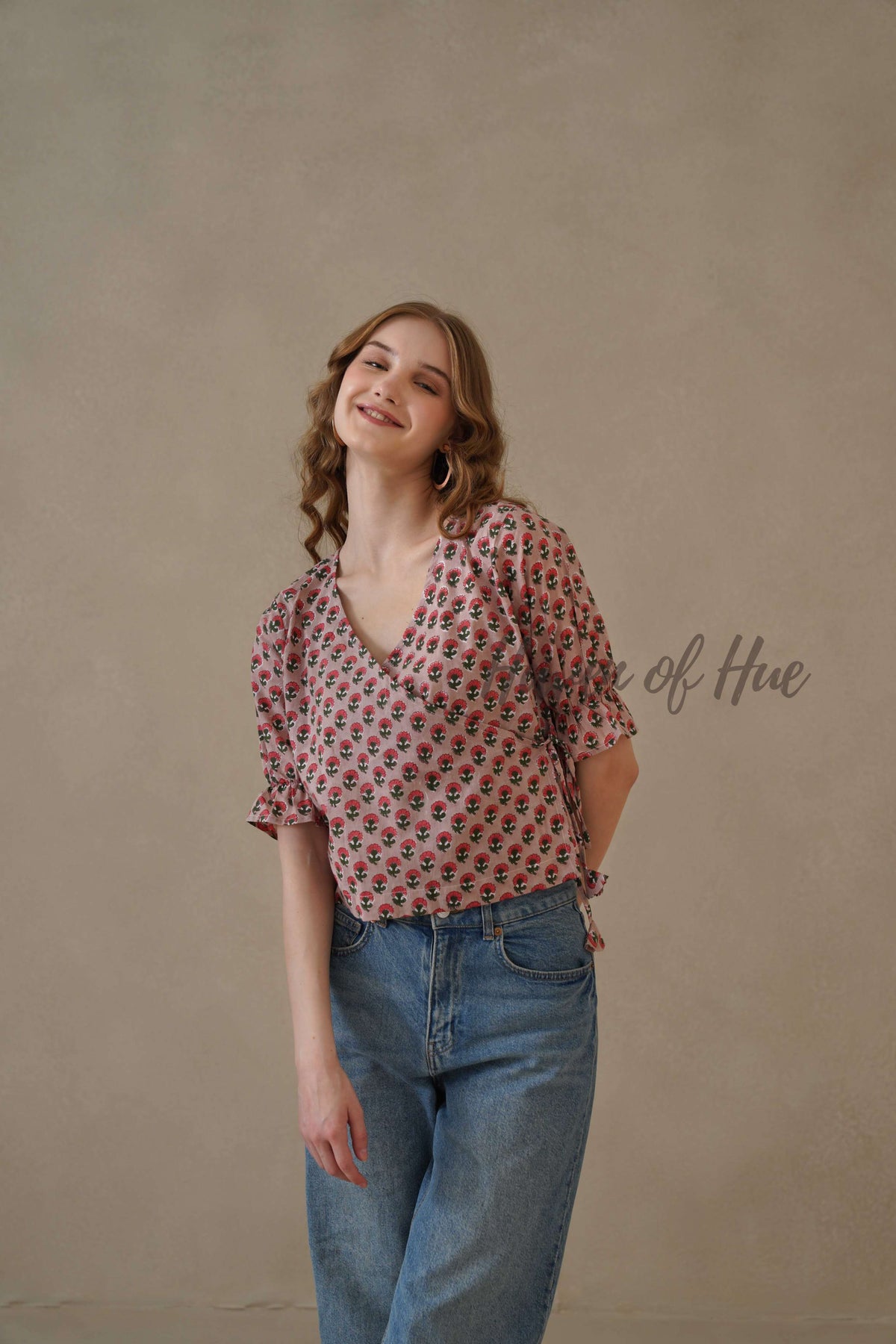 Organic Red Floral Cotton Wrap Top with Adjustable Tie Waist