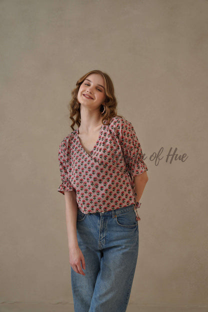 Organic Red Floral Cotton Wrap Top with Adjustable Tie Waist