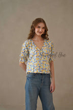 Women’s Multi-Color Block Printed Cotton Wrap Blouse with Tie Waist