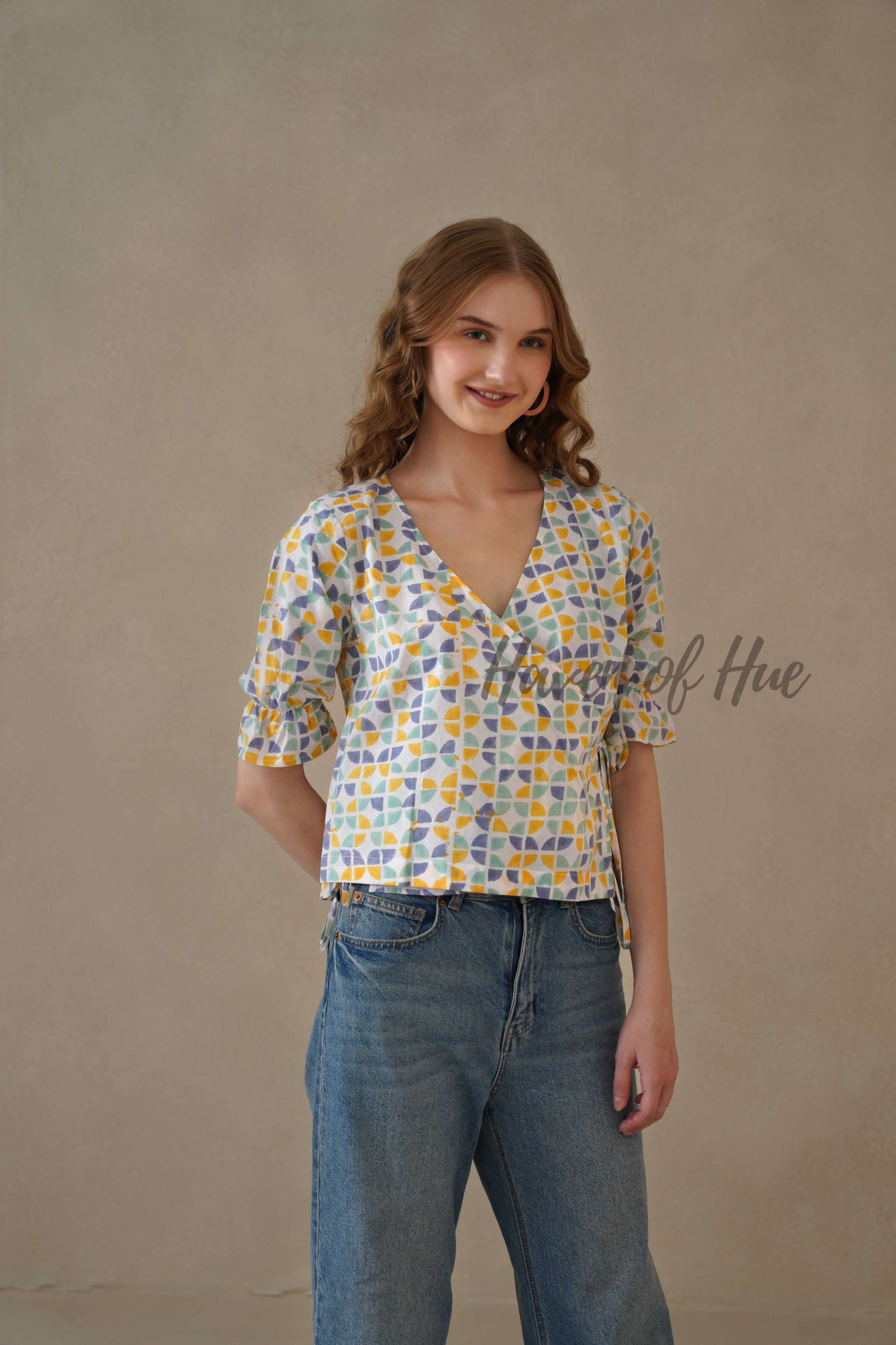 Women’s Multi-Color Block Printed Cotton Wrap Blouse with Tie Waist