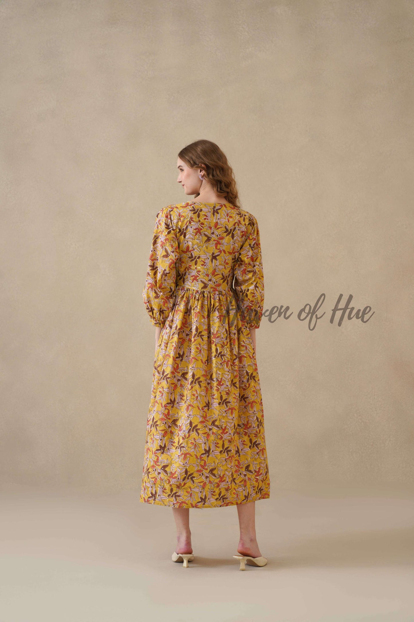 Yellow Floral Cotton Midi Dress with Long Sleeves