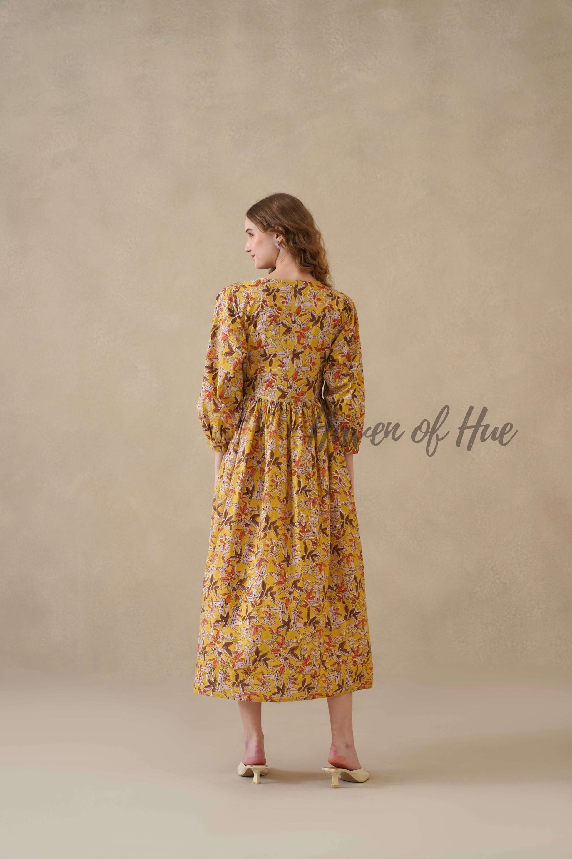 Yellow Floral Cotton Midi Dress with Long Sleeves