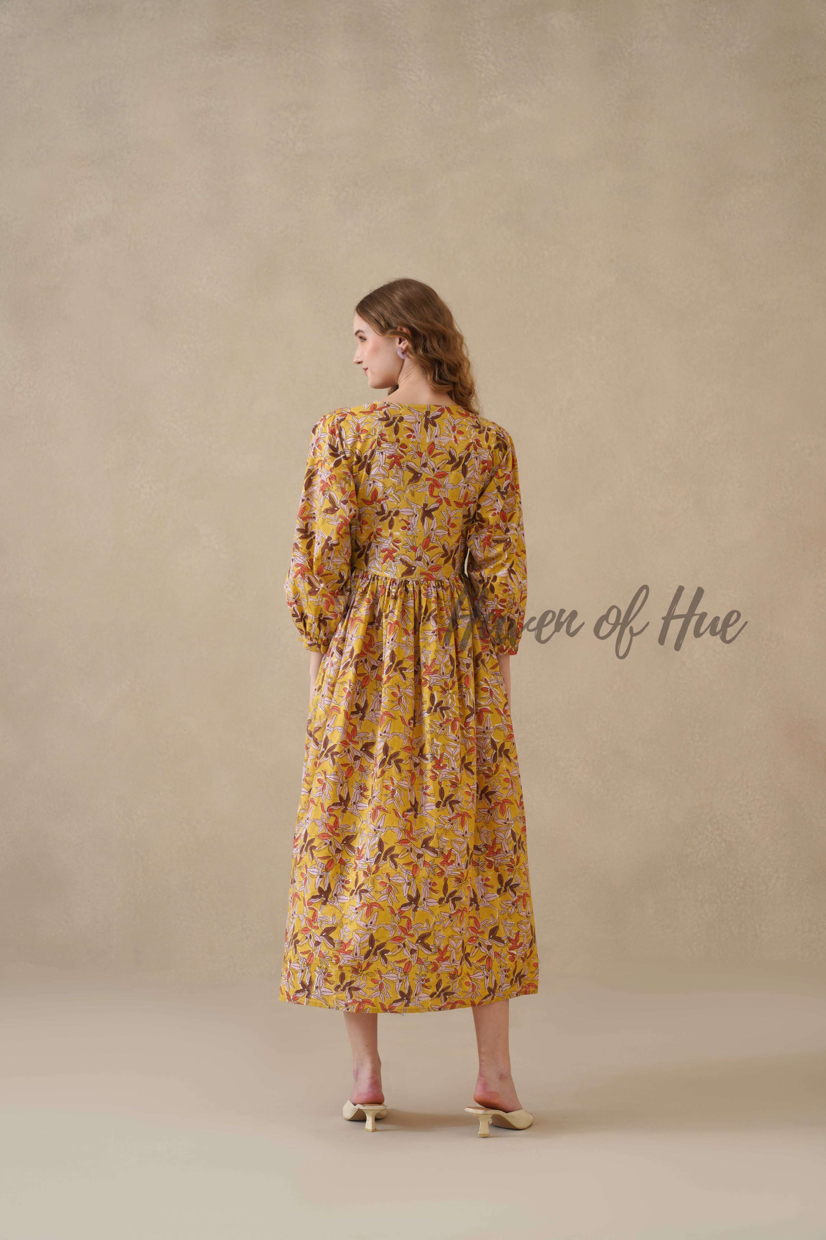 Yellow Floral Cotton Midi Dress with Long Sleeves