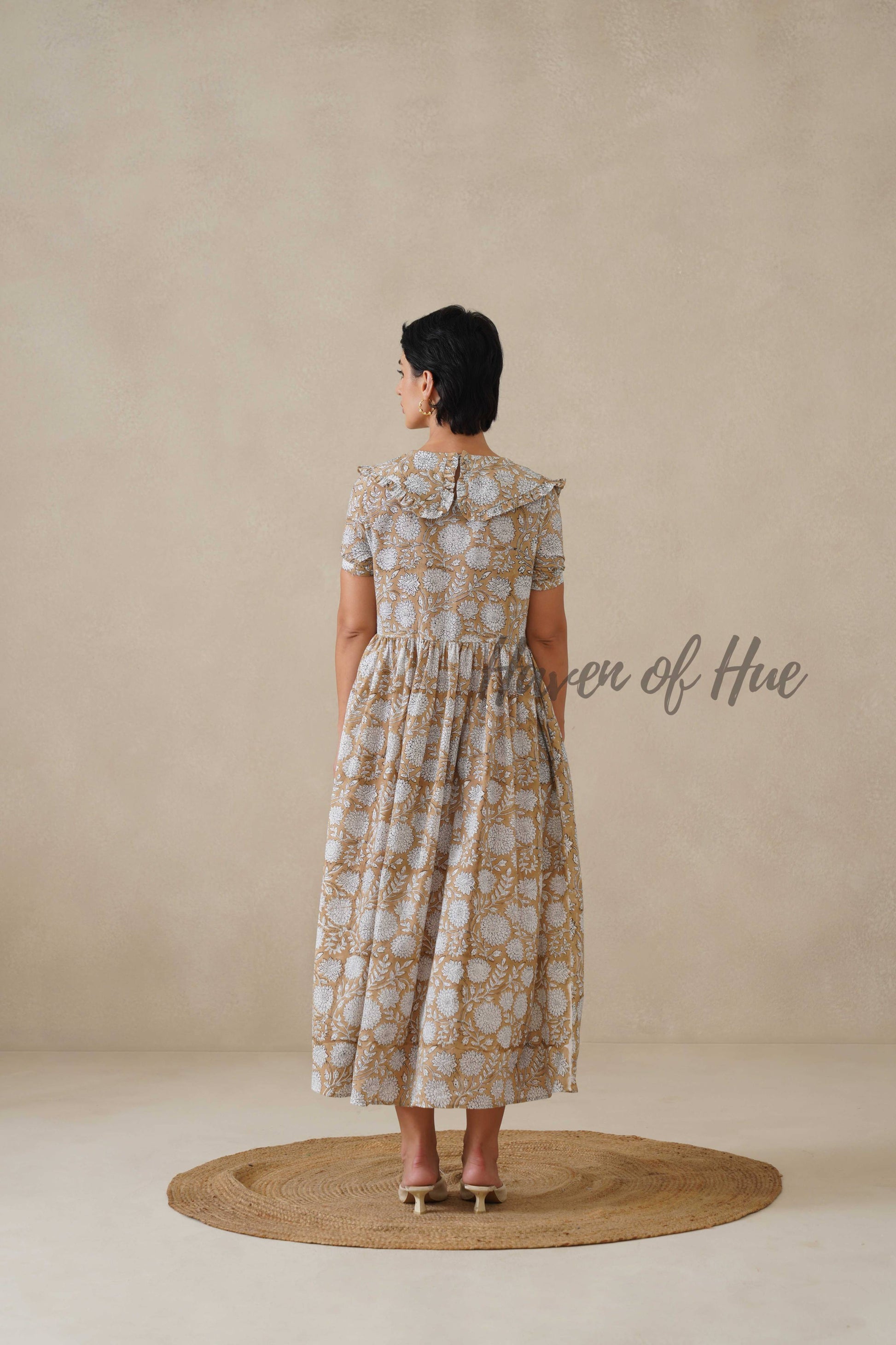 Beige Floral Cotton Dress | Vintage Ruffle Collar Midi Dress