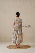 Beige Floral Cotton Dress | Vintage Ruffle Collar Midi Dress