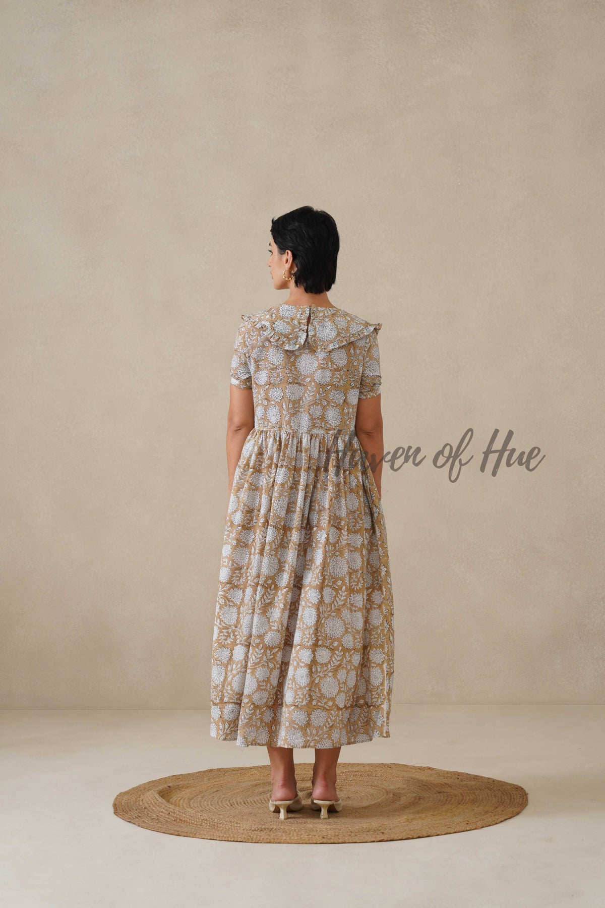 Beige Floral Cotton Dress | Vintage Ruffle Collar Midi Dress