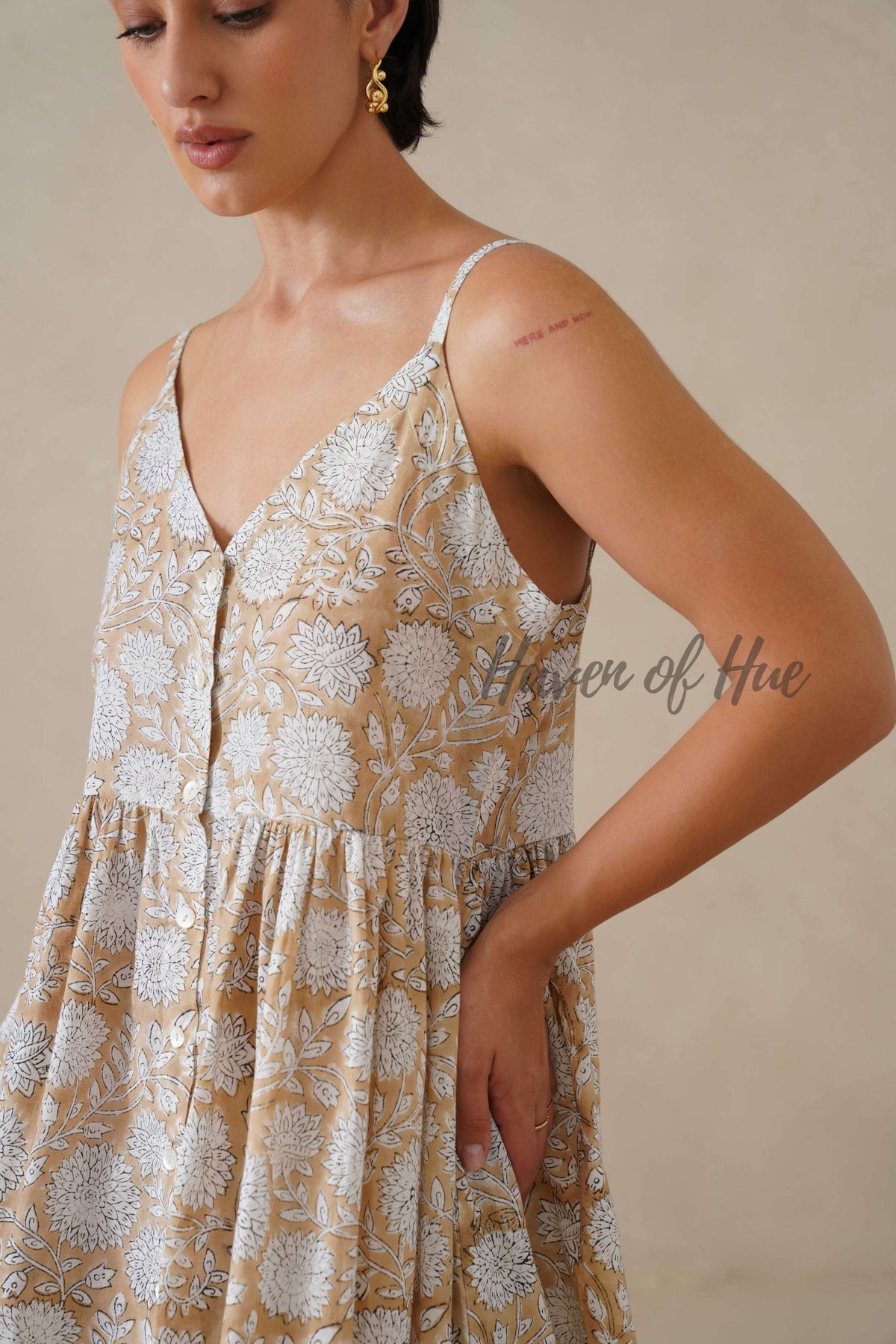 Beige Floral Cotton Dress | Sleeveless Button Down Midi Dress