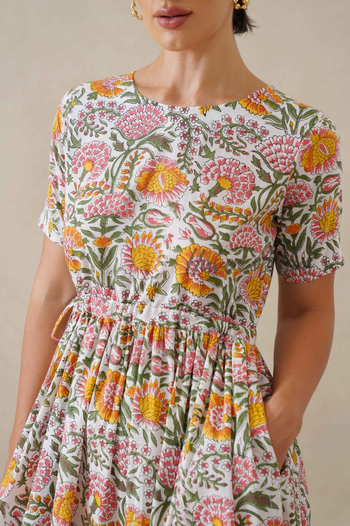 Multi Color Floral Cotton Midi Dress - Boho Short Sleeve Cottagecore Dress