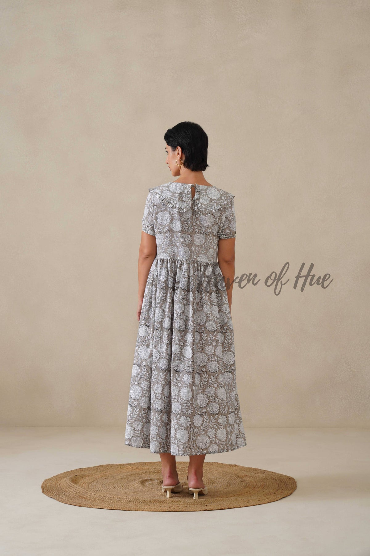 Grey Floral Cotton Dress | Vintage Ruffle Collar Midi Dress