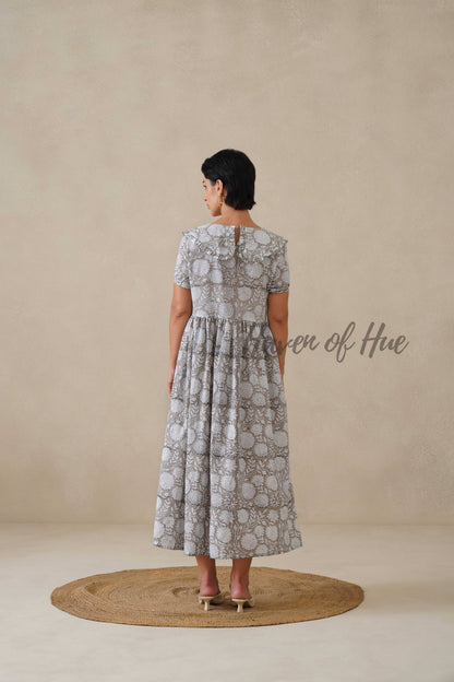 Grey Floral Cotton Dress | Vintage Ruffle Collar Midi Dress