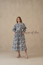 Black Floral Cotton Dress with Full Sleeve Detail