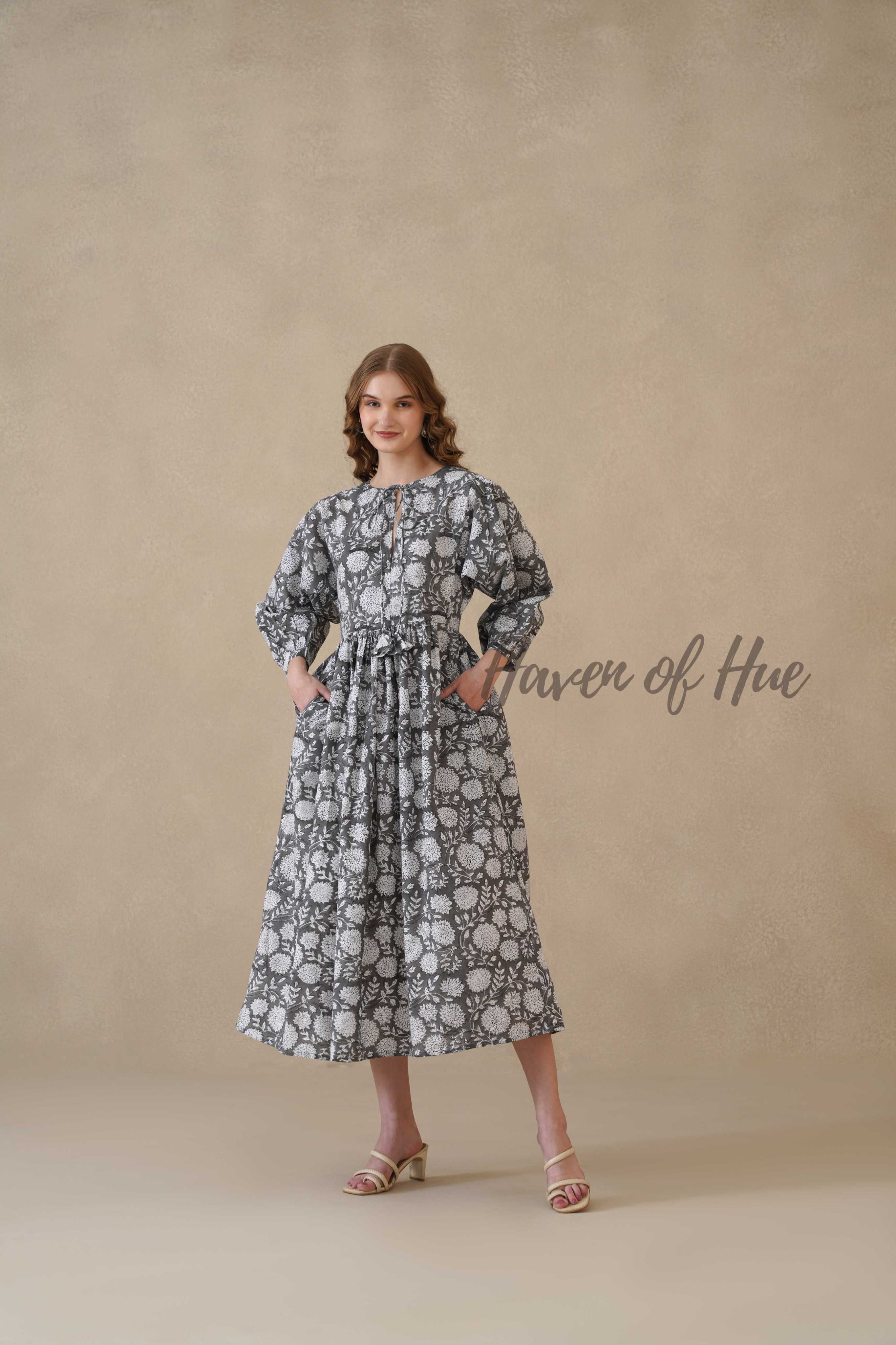 Black Floral Cotton Dress with Full Sleeve Detail