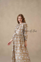 Brown Cotton Tiered Dress – Boho Floral Short Sleeve Midi