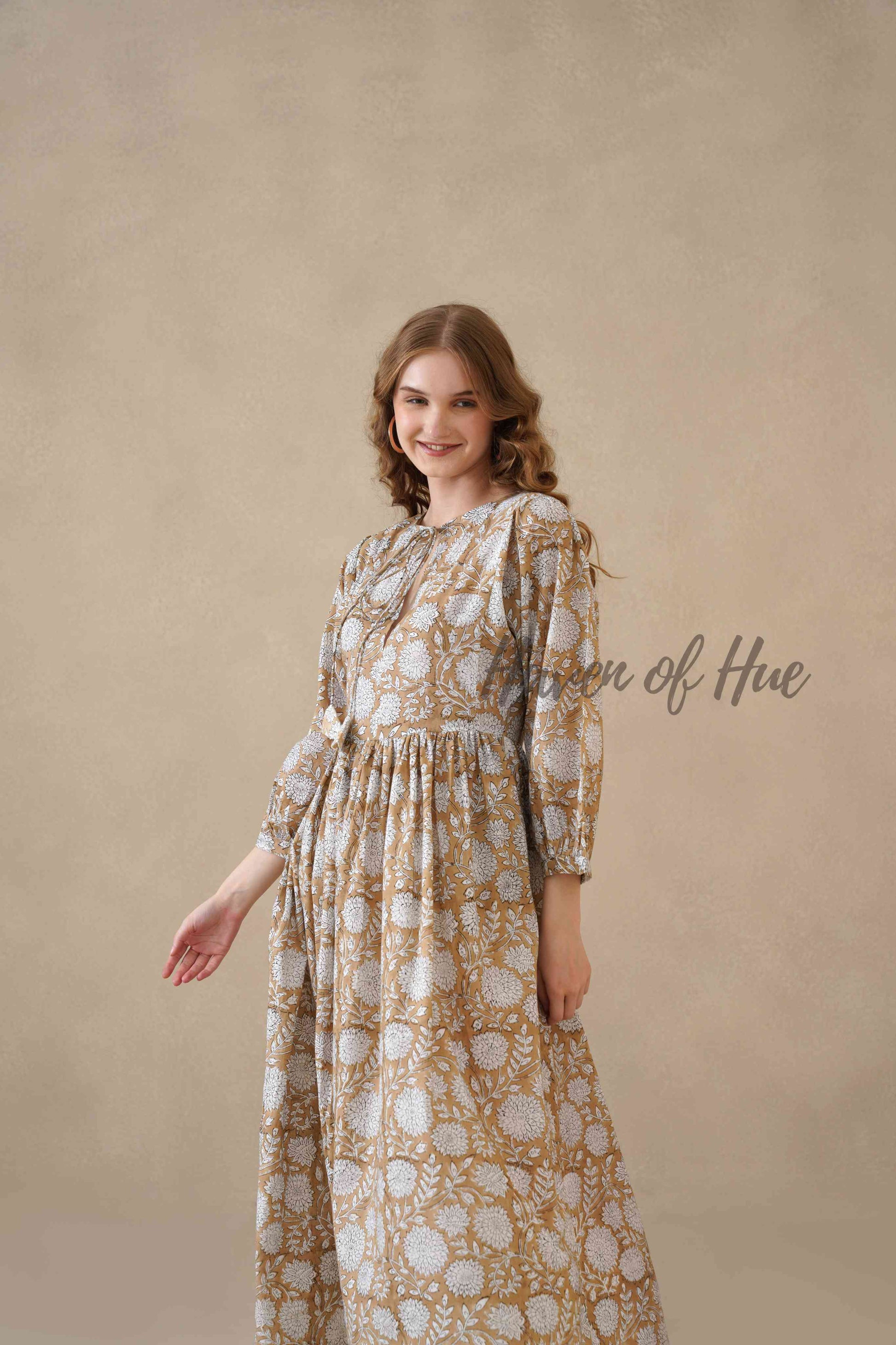 Brown Cotton Tiered Dress – Boho Floral Short Sleeve Midi