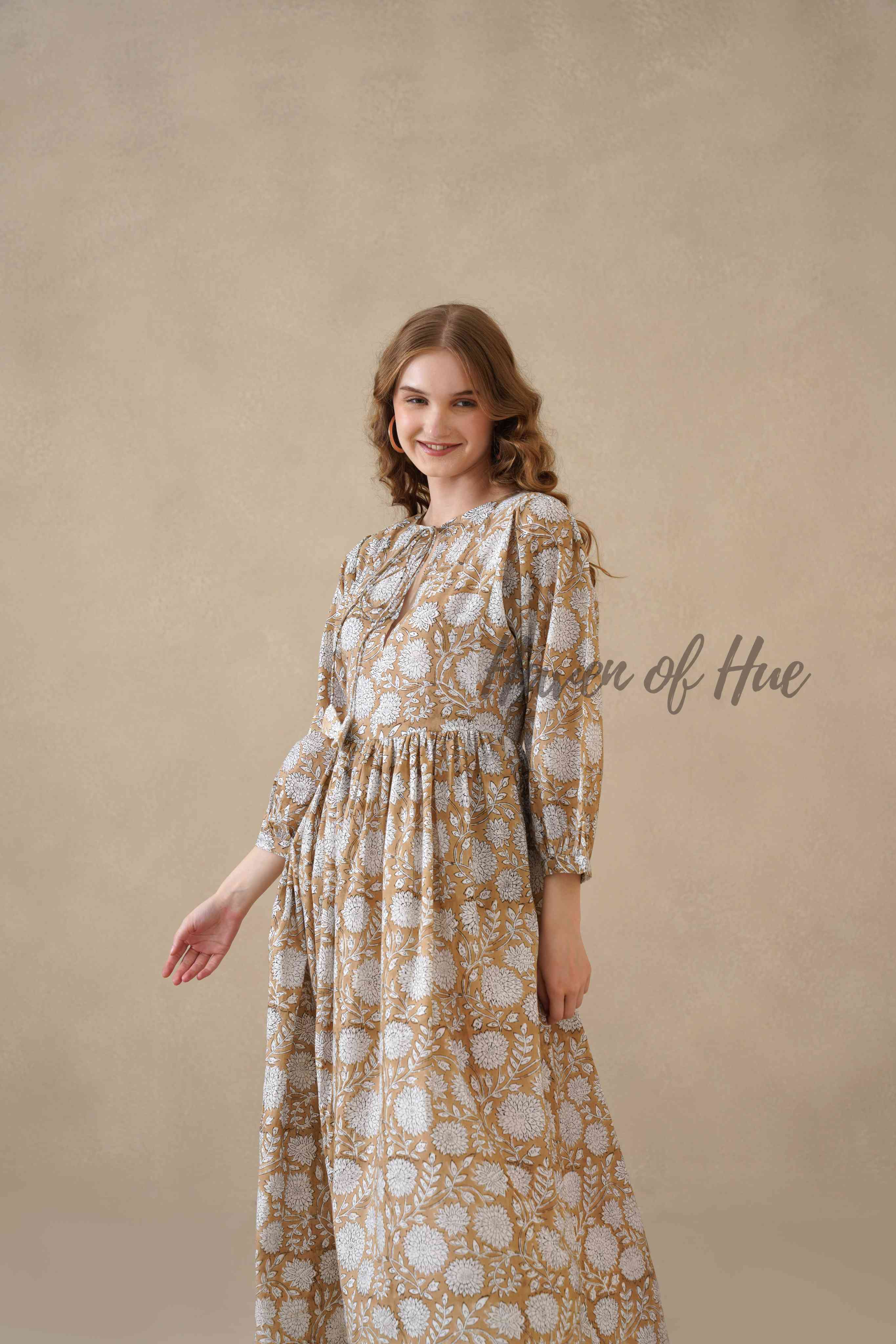 Brown Cotton Tiered Dress – Boho Floral Short Sleeve Midi