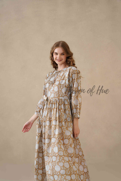 Brown Cotton Tiered Dress – Boho Floral Short Sleeve Midi