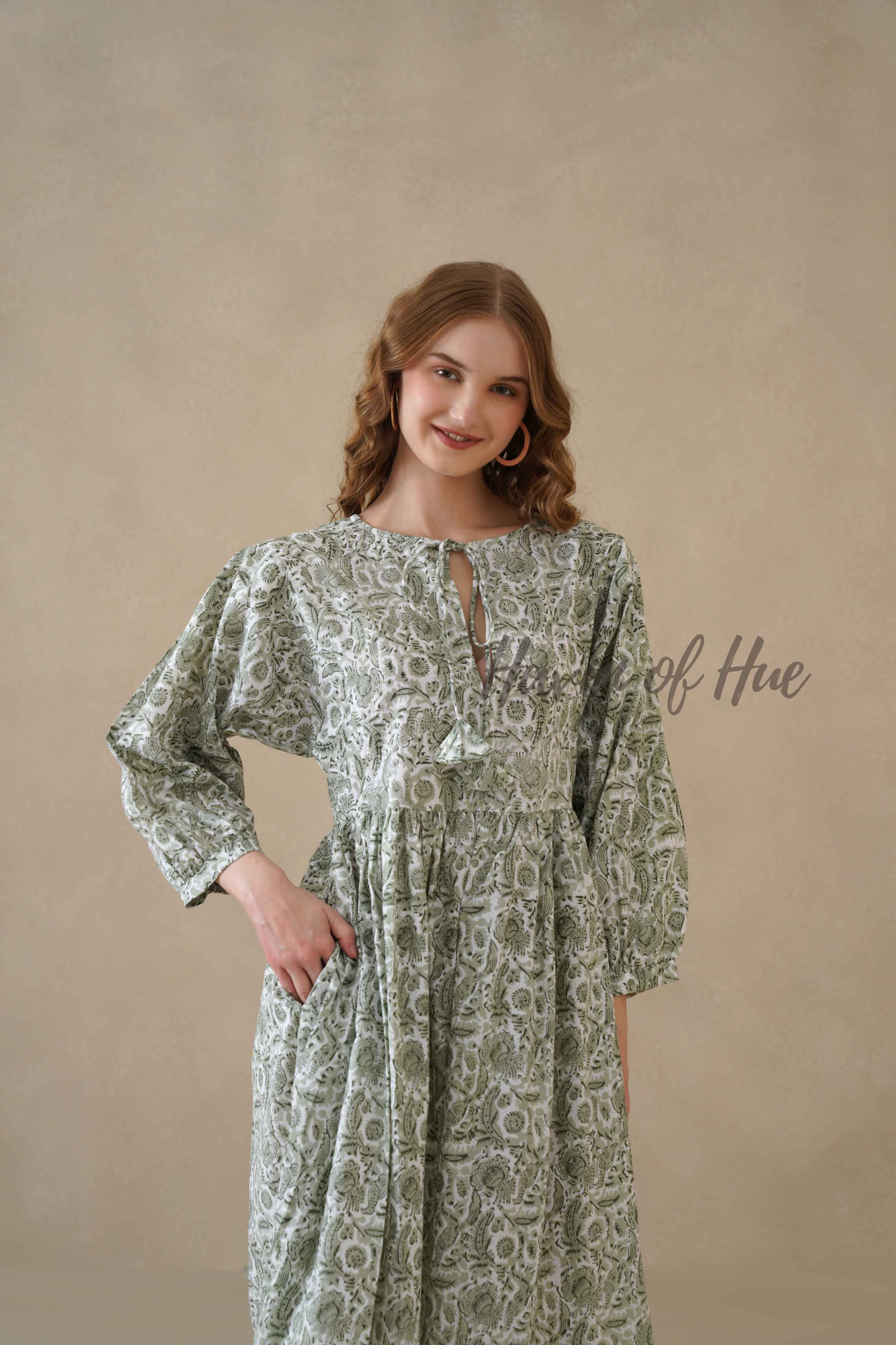 Green Cotton Tiered Dress – Boho Floral Short Sleeve Midi