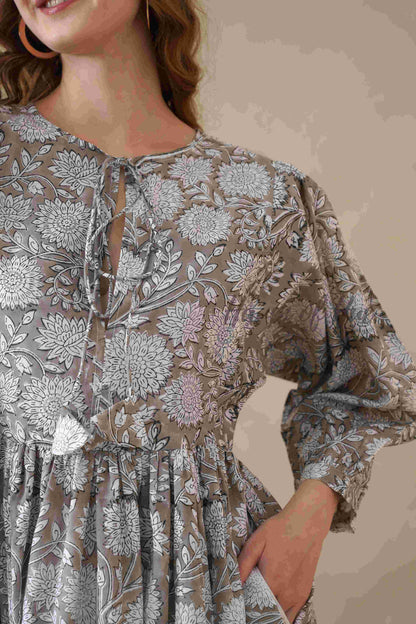 Grey Cotton Tiered Dress – Boho Floral Short Sleeve Midi