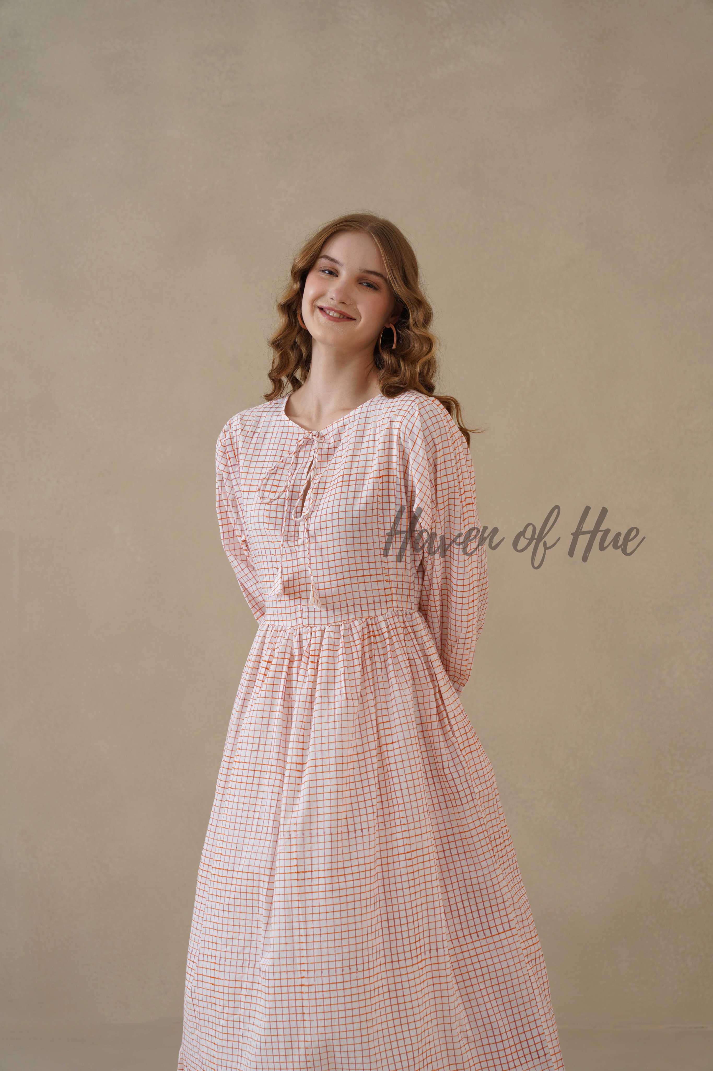 Orange Cotton Tiered Dress – Boho Floral Short Sleeve Midi