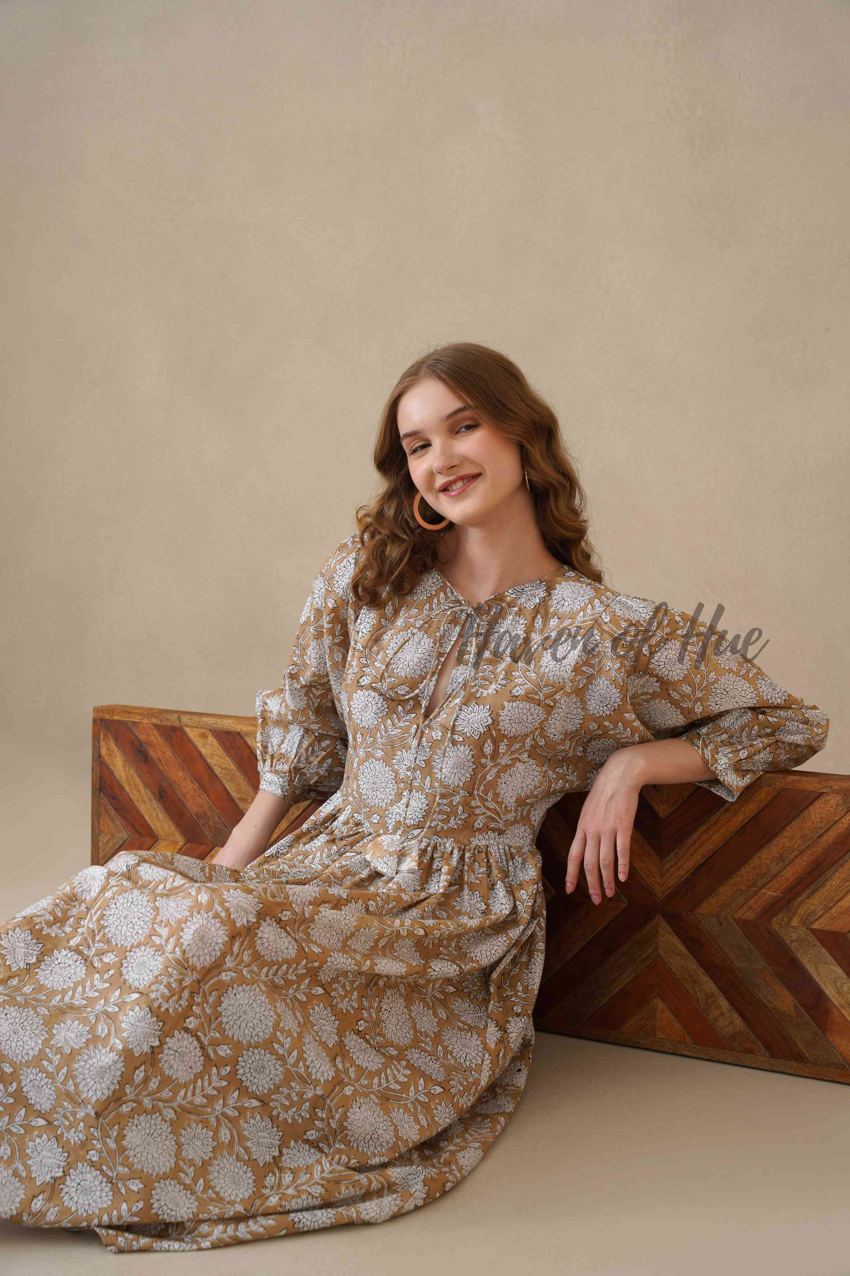 Brown Cotton Tiered Dress – Boho Floral Short Sleeve Midi