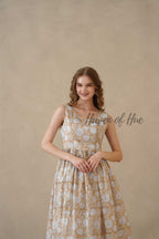 Brown Sleeveless Cotton Dress with White Floral Print