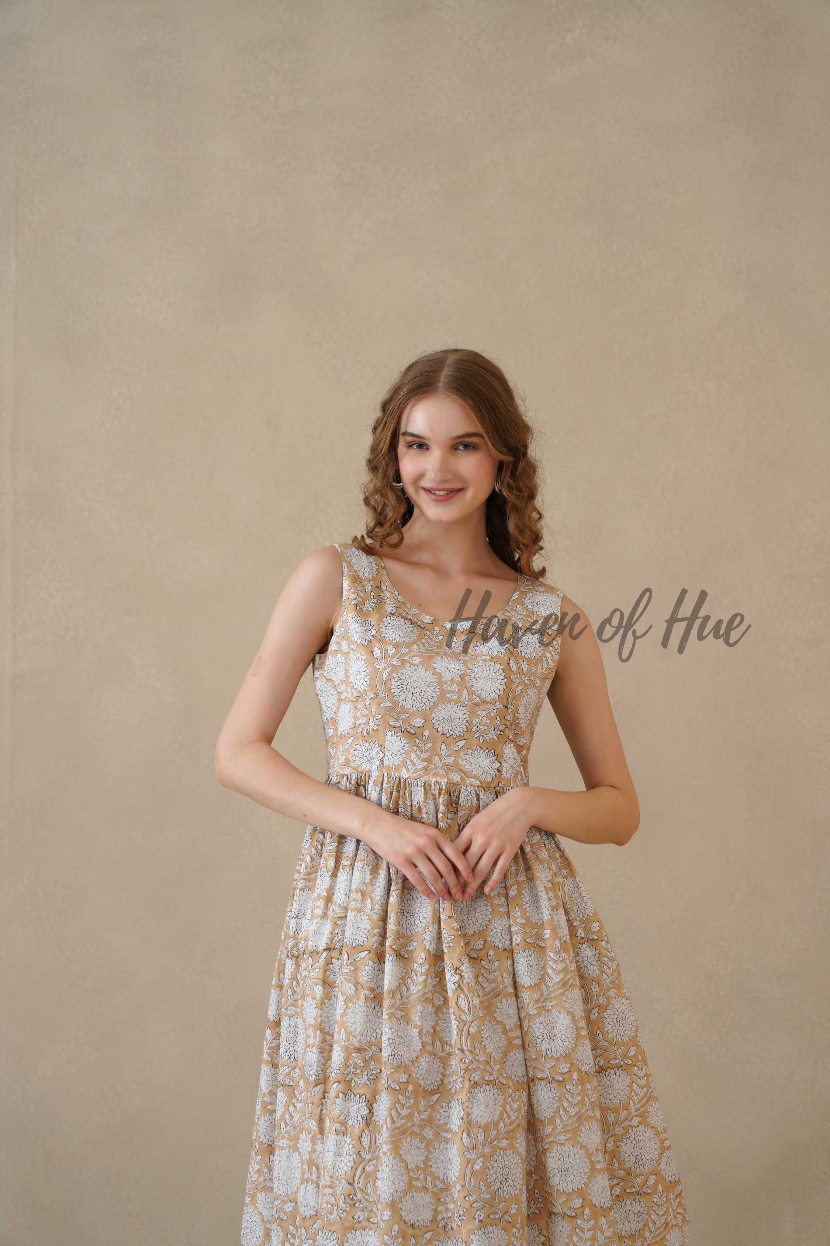 Brown Sleeveless Cotton Dress with White Floral Print