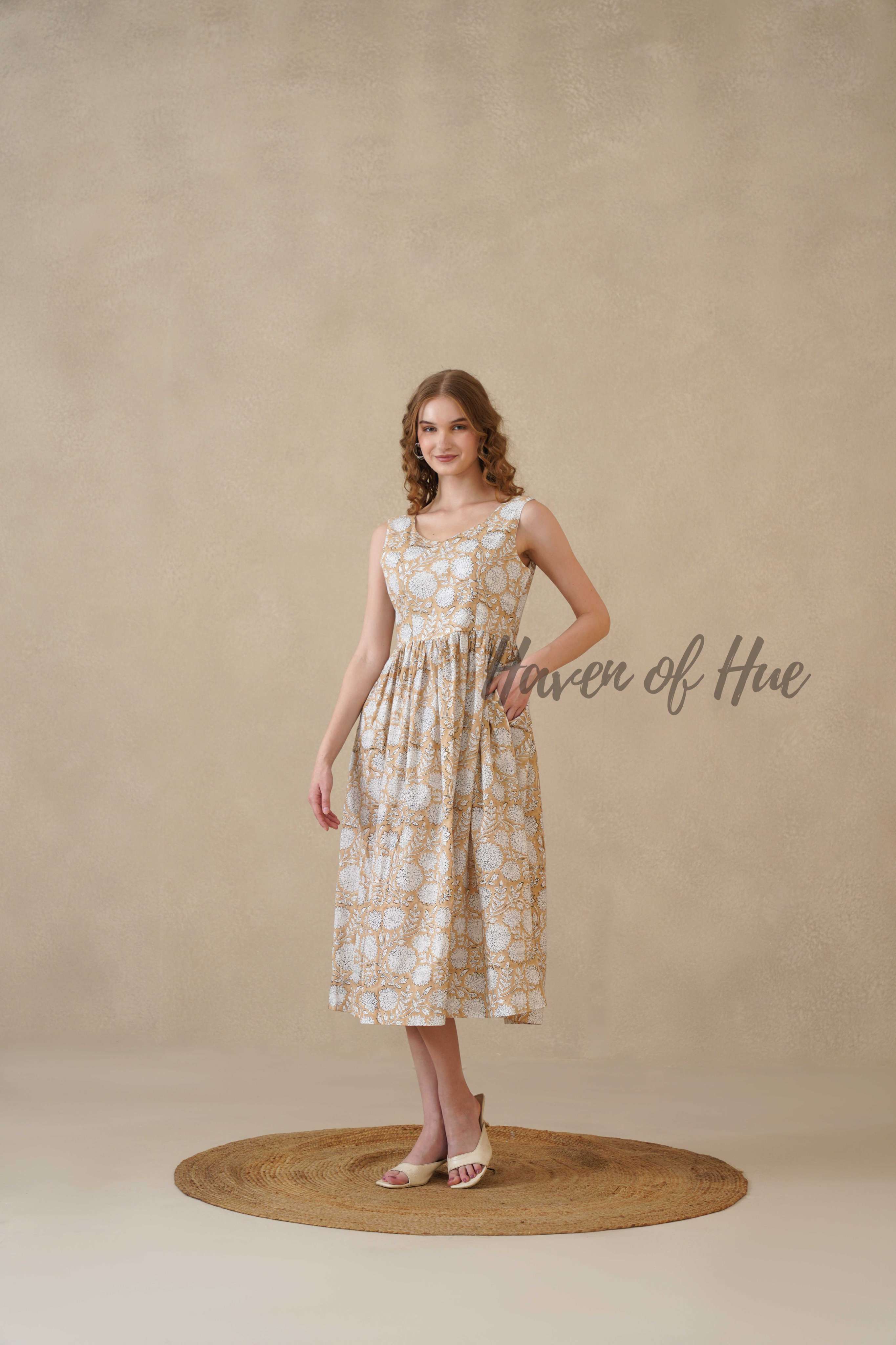 Brown Sleeveless Cotton Dress with White Floral Print
