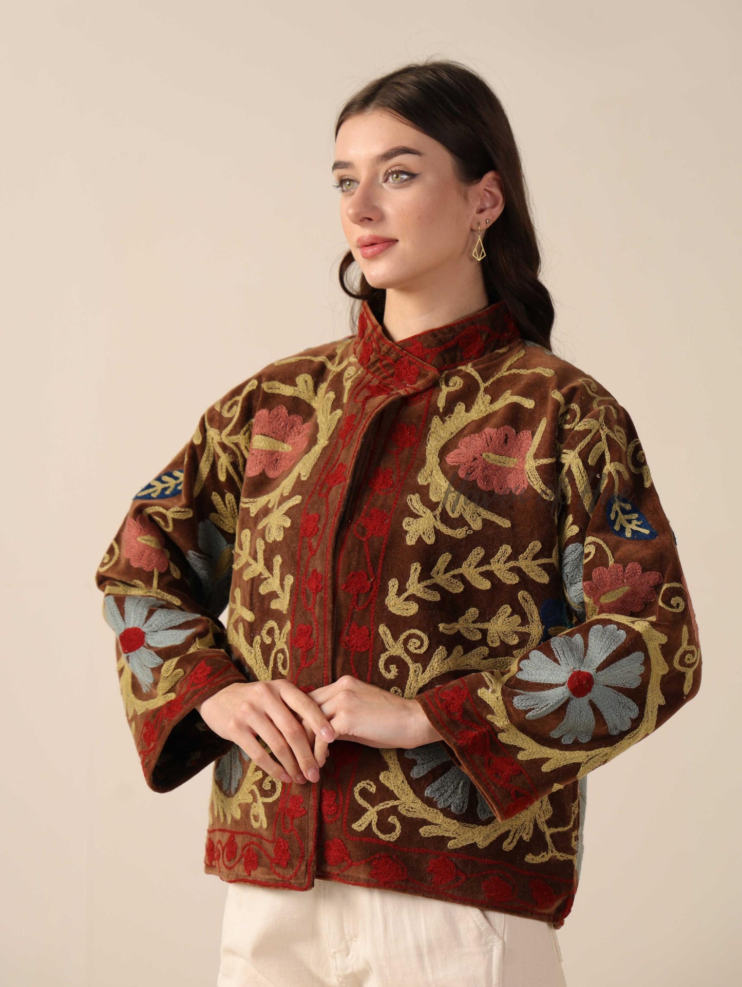 Women's Handcrafted Brown Suzani Velvet Jacket Floral Embroidered Boho Statement Coat
