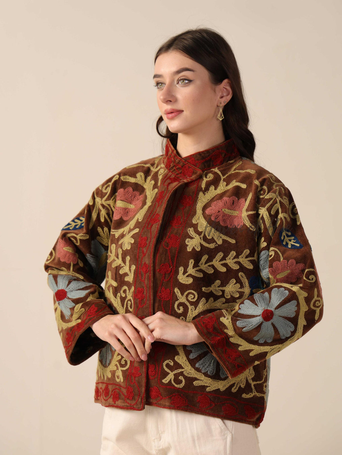 Women's Handcrafted Brown Suzani Velvet Jacket Floral Embroidered Boho Statement Coat