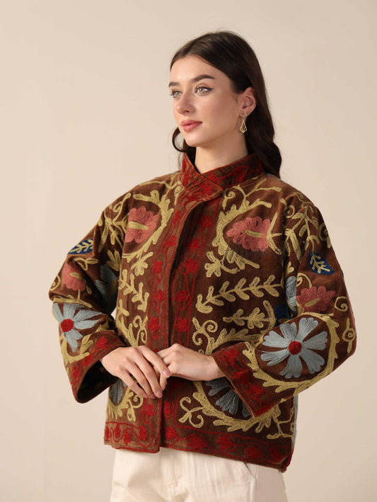 Women's Handcrafted Brown Suzani Velvet Jacket Floral Embroidered Boho Statement Coat