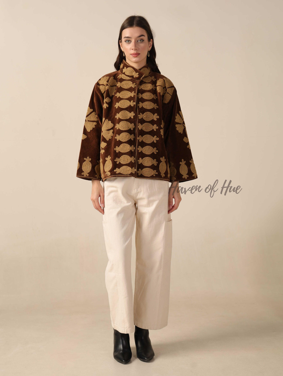 Women's Brown Suzani Velvet Jacket Gold Embroidered Boho Minimalist Fall Coat