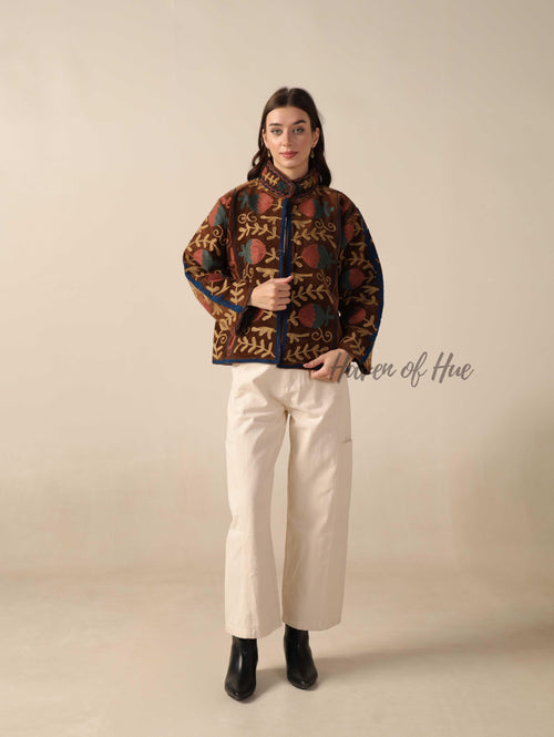 Brown Suzani Velvet Jacket Teal Floral Embroidered Boho Artisanal Statement Coat