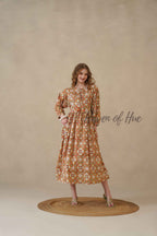 Orange Full Sleeve Cotton Dress with Floral Print
