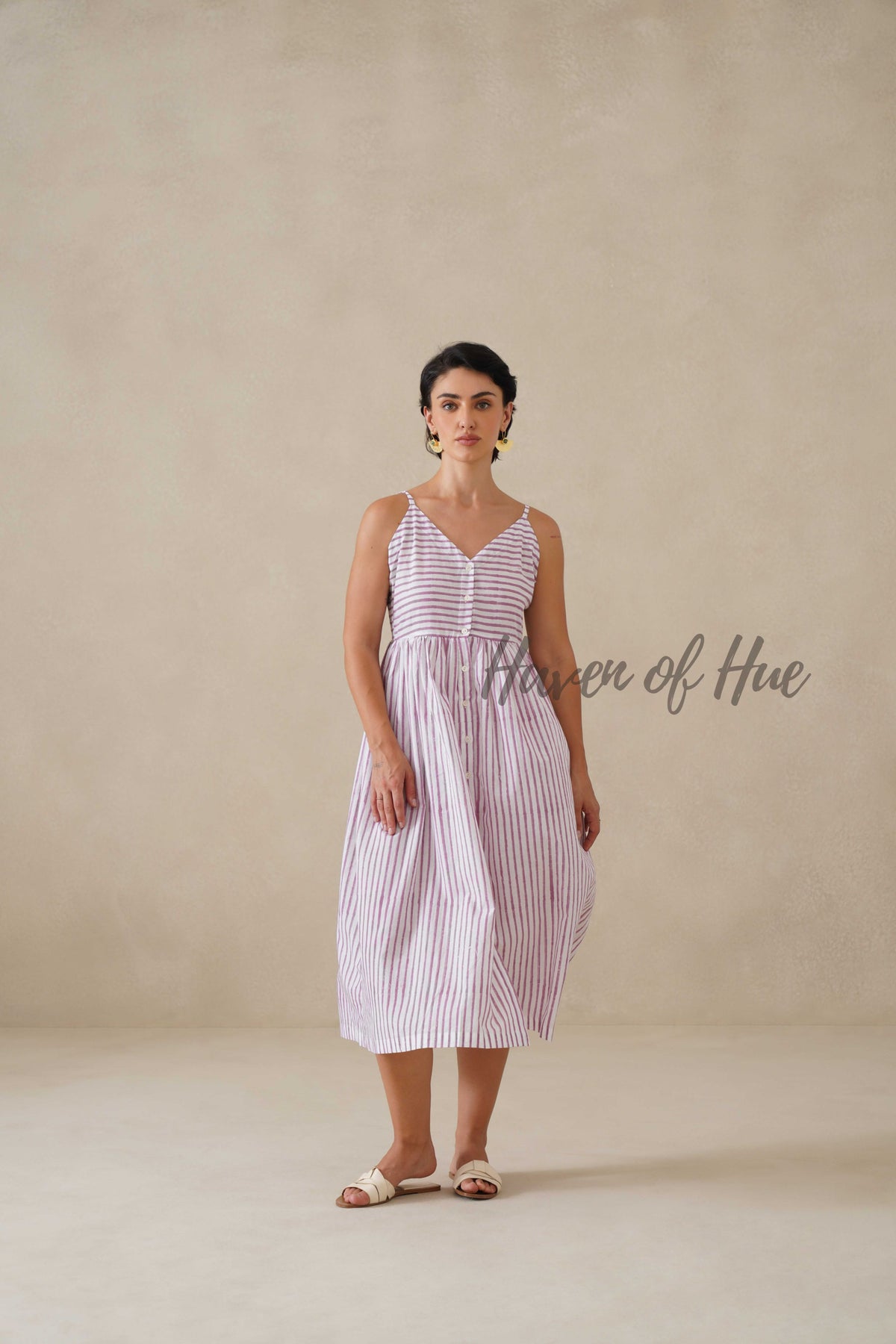 Purple Striped Cotton Dress | Sleeveless Button Down Midi Dress