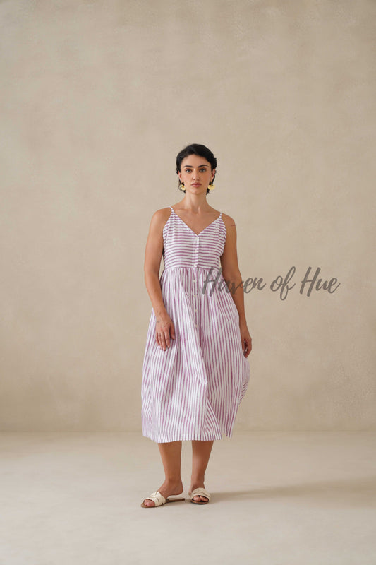 Purple Striped Cotton Dress | Sleeveless Button Down Midi Dress