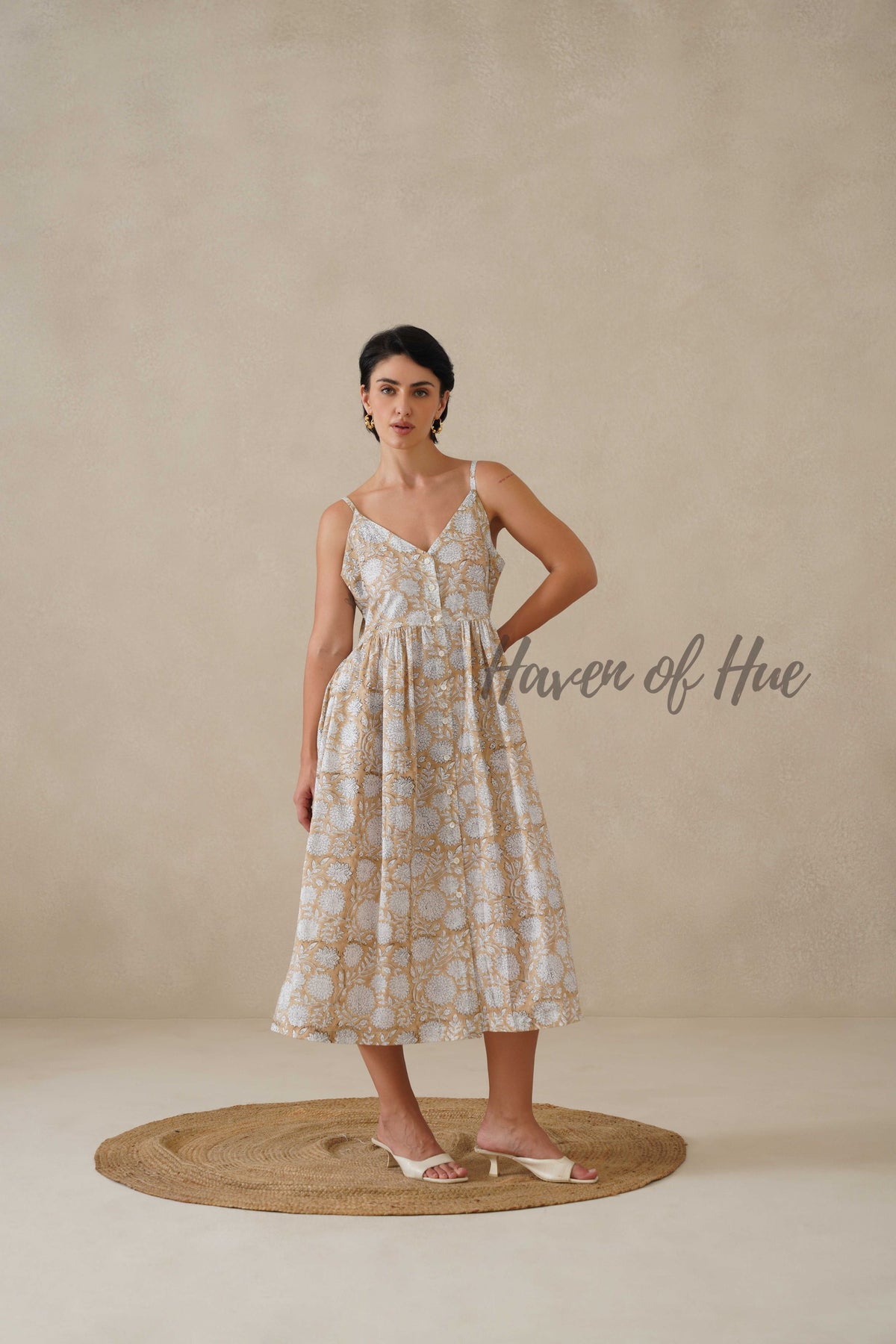 Beige Floral Cotton Dress | Sleeveless Button Down Midi Dress