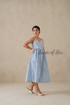 Blue Striped Cotton Dress | Sleeveless Button Down Midi Dress