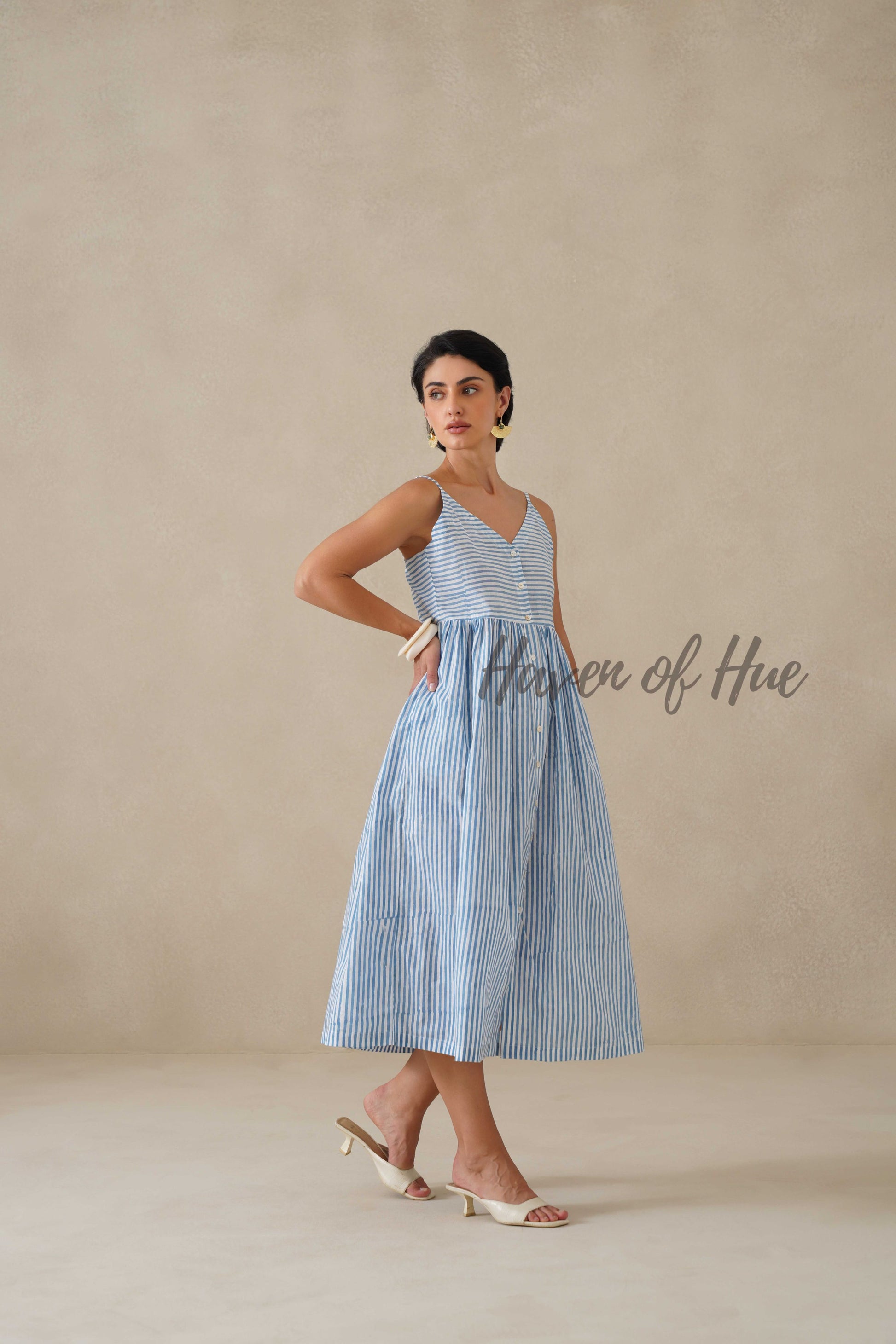 Blue Striped Cotton Dress | Sleeveless Button Down Midi Dress